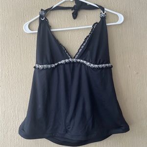 BECCA Tankini Top Large Swimming Top Black White Crochet NO PADDING